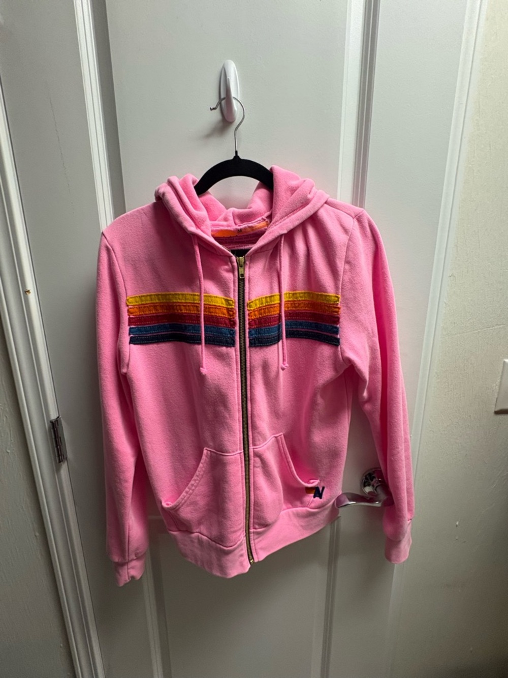 Aviator nation Pink Zip-Up Hoodie with Rainbow Chest Stripes - XS